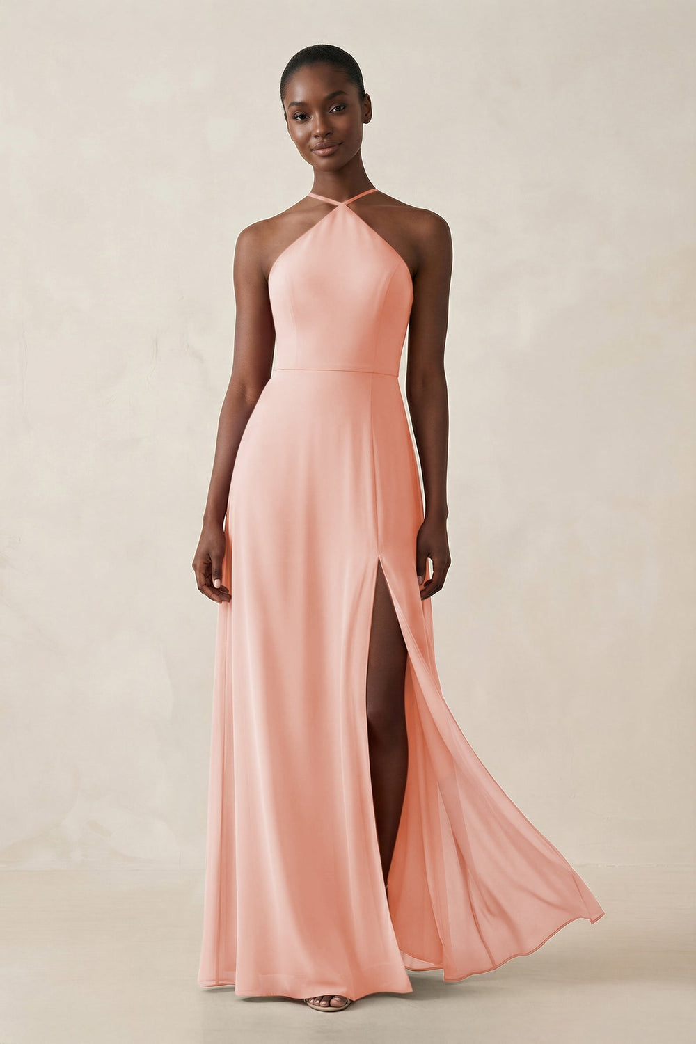 Sheath Halter Chiffon Bridesmaid Dress with Slit in Rose Petal - KISS BRIDAL Bridesmaid Dresses