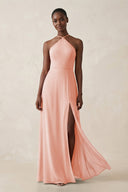 Sheath Halter Chiffon Bridesmaid Dress with Slit in Rose Petal - SHE IS ME Bridesmaid Dresses