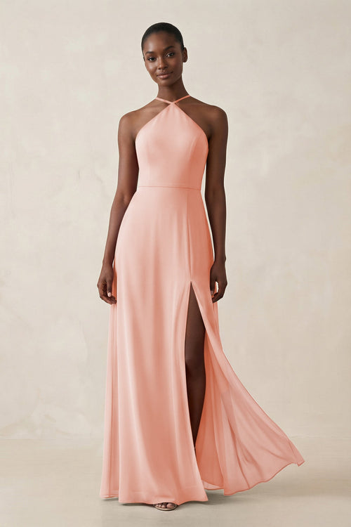 Sheath Halter Chiffon Bridesmaid Dress with Slit in Rose Petal - SHE IS ME Bridesmaid Dresses