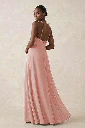 Sheath Halter Chiffon Bridesmaid Dress with Slit in Rose Petal (2) | KISSBRIDAL
