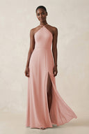 Sheath Halter Chiffon Bridesmaid Dress with Slit in Rose Petal | KISSBRIDAL