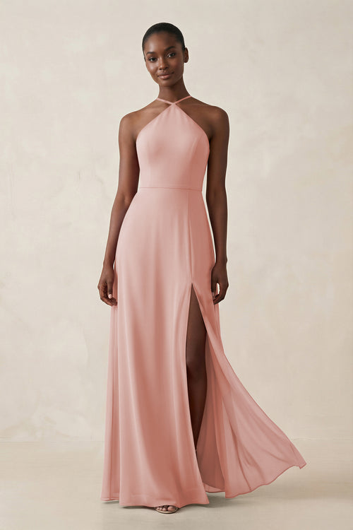 Sheath Halter Chiffon Bridesmaid Dress with Slit in Rose Petal | KISSBRIDAL