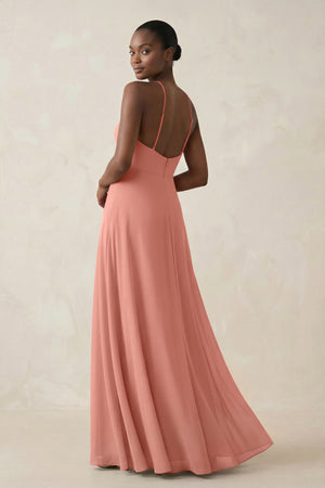 Sheath Halter Chiffon Bridesmaid Dress with Slit in Rosette (2) | KISSBRIDAL