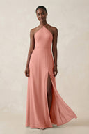 Sheath Halter Chiffon Bridesmaid Dress with Slit in Rosette | KISSBRIDAL