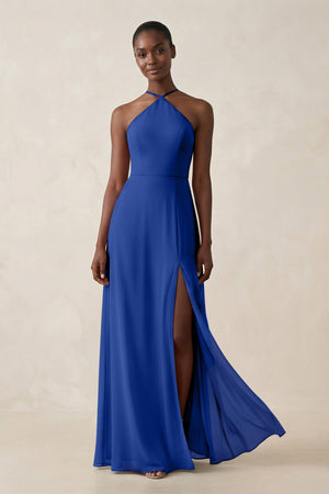 Sheath Halter Chiffon Bridesmaid Dress with Slit in Royal Blue - SHE IS ME Bridesmaid Dresses