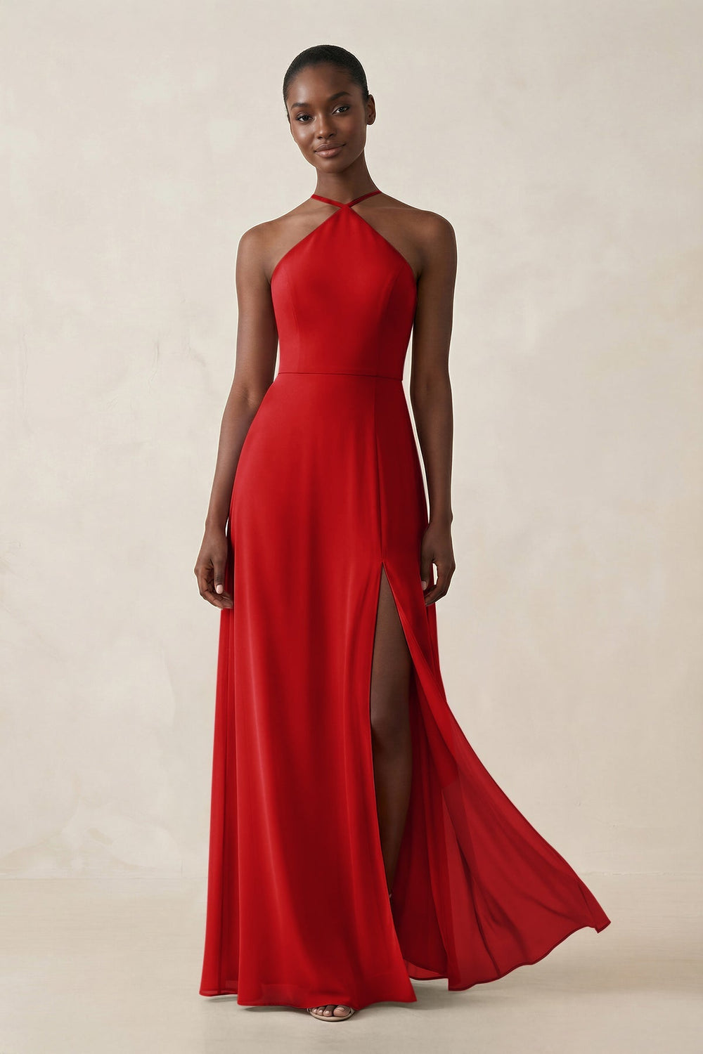 Sheath Halter Chiffon Bridesmaid Dress with Slit in Ruby Red - KISS BRIDAL Bridesmaid Dresses