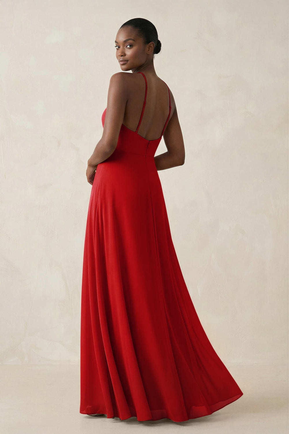 Sheath Halter Chiffon Bridesmaid Dress with Slit in Ruby Red - KISS BRIDAL Bridesmaid Dresses