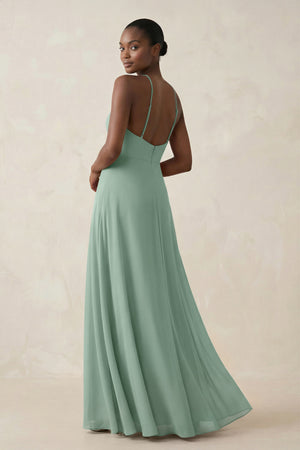 Sheath Halter Chiffon Bridesmaid Dress with Slit in Sage (2) | KISSBRIDAL