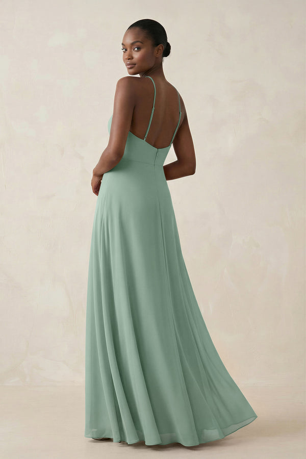 Sheath Halter Chiffon Bridesmaid Dress with Slit in Sage (2) | KISSBRIDAL