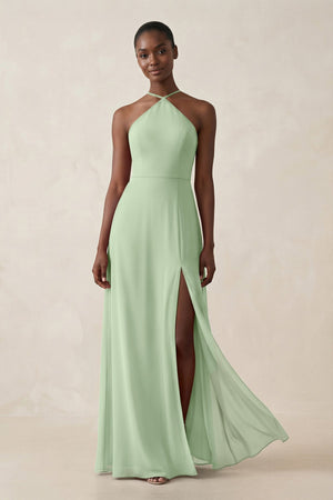 Sheath Halter Chiffon Bridesmaid Dress with Slit in Sage - SHE IS ME Bridesmaid Dresses