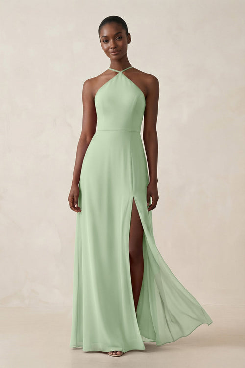 Sheath Halter Chiffon Bridesmaid Dress with Slit in Sage - SHE IS ME Bridesmaid Dresses