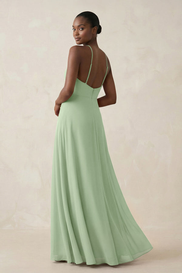 Sheath Halter Chiffon Bridesmaid Dress with Slit in Sage - SHE IS ME Bridesmaid Dresses