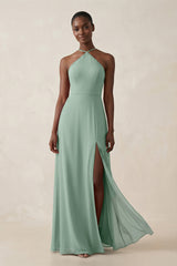 Sheath Halter Chiffon Bridesmaid Dress with Slit in Sage | KISSBRIDAL