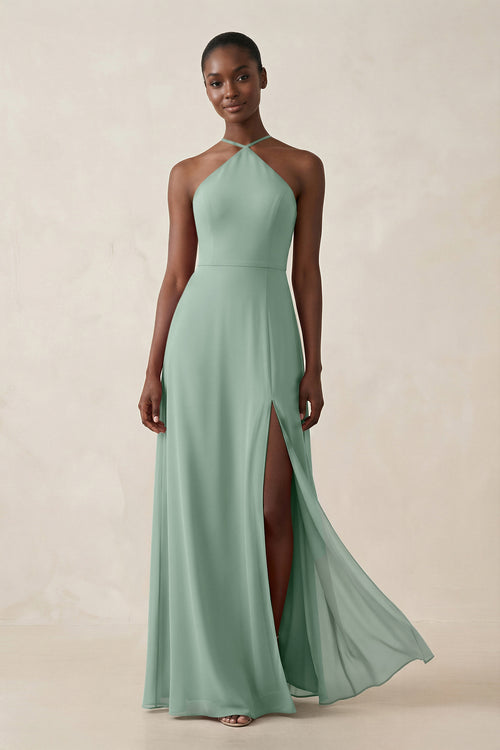 Sheath Halter Chiffon Bridesmaid Dress with Slit in Sage | KISSBRIDAL