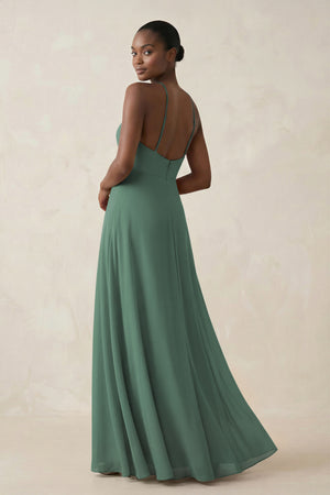 Sheath Halter Chiffon Bridesmaid Dress with Slit in Sea Glass (2) | KISSBRIDAL