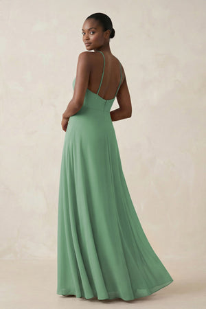 Sheath Halter Chiffon Bridesmaid Dress with Slit in Sea Glass - SHE IS ME Bridesmaid Dresses