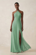 Sheath Halter Chiffon Bridesmaid Dress with Slit in Sea Glass - SHE IS ME Bridesmaid Dresses