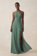 Sheath Halter Chiffon Bridesmaid Dress with Slit in Sea Glass | KISSBRIDAL