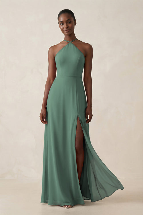Sheath Halter Chiffon Bridesmaid Dress with Slit in Sea Glass | KISSBRIDAL