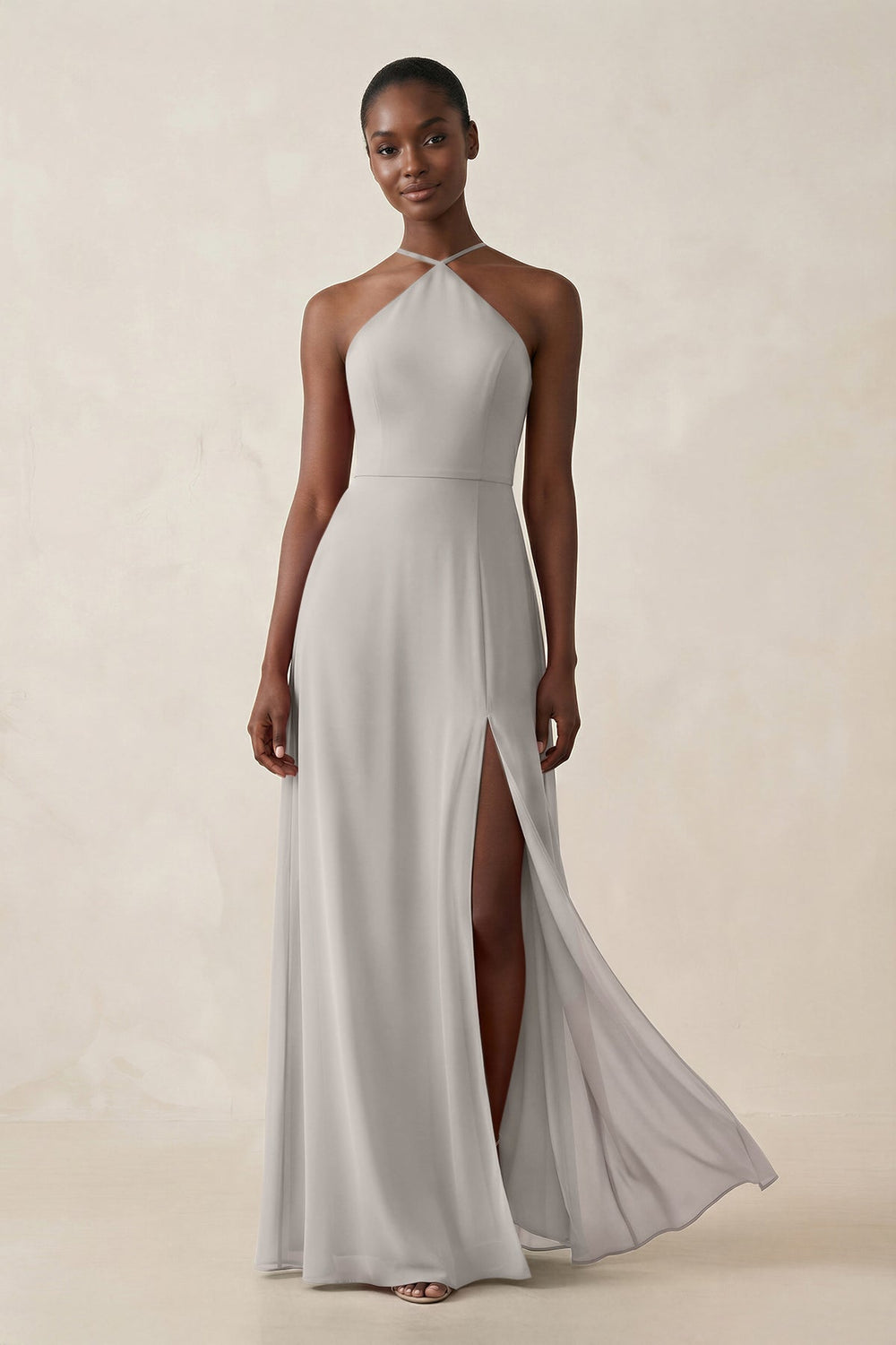 Sheath Halter Chiffon Bridesmaid Dress with Slit in Silver - KISS BRIDAL Bridesmaid Dresses
