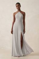 Sheath Halter Chiffon Bridesmaid Dress with Slit in Silver - SHE IS ME Bridesmaid Dresses