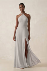 Sheath Halter Chiffon Bridesmaid Dress with Slit in Silver - KISS BRIDAL Bridesmaid Dresses