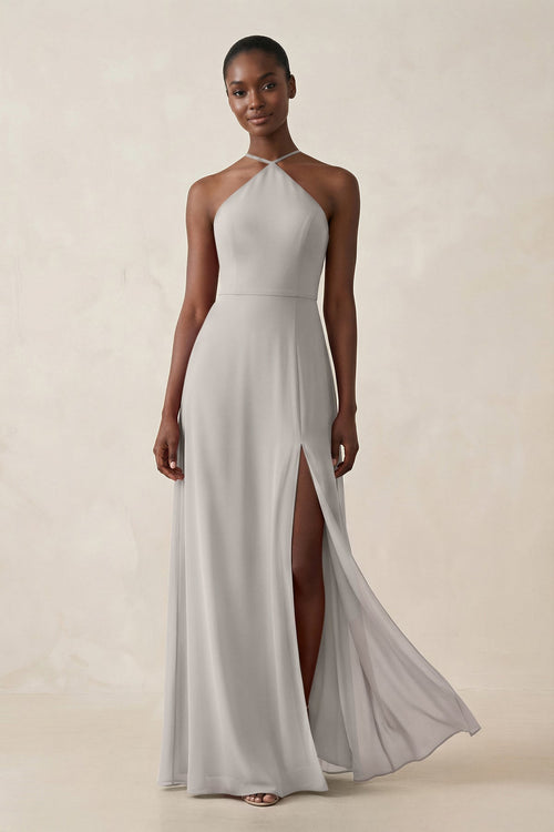 Sheath Halter Chiffon Bridesmaid Dress with Slit in Silver - SHE IS ME Bridesmaid Dresses