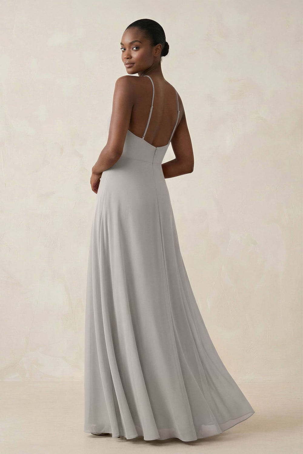 Sheath Halter Chiffon Bridesmaid Dress with Slit in Silver - KISS BRIDAL Bridesmaid Dresses