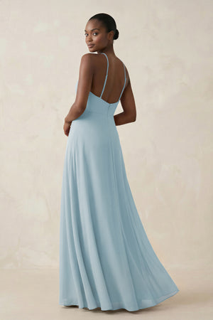 Sheath Halter Chiffon Bridesmaid Dress with Slit in Sky Blue (2) | KISSBRIDAL
