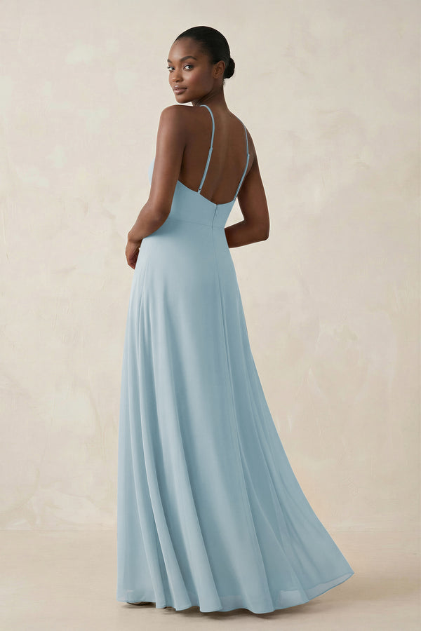 Sheath Halter Chiffon Bridesmaid Dress with Slit in Sky Blue (2) | KISSBRIDAL