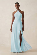 Sheath Halter Chiffon Bridesmaid Dress with Slit in Sky Blue - SHE IS ME Bridesmaid Dresses