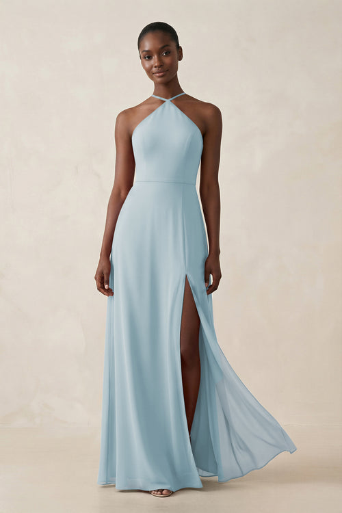 Sheath Halter Chiffon Bridesmaid Dress with Slit in Sky Blue | KISSBRIDAL