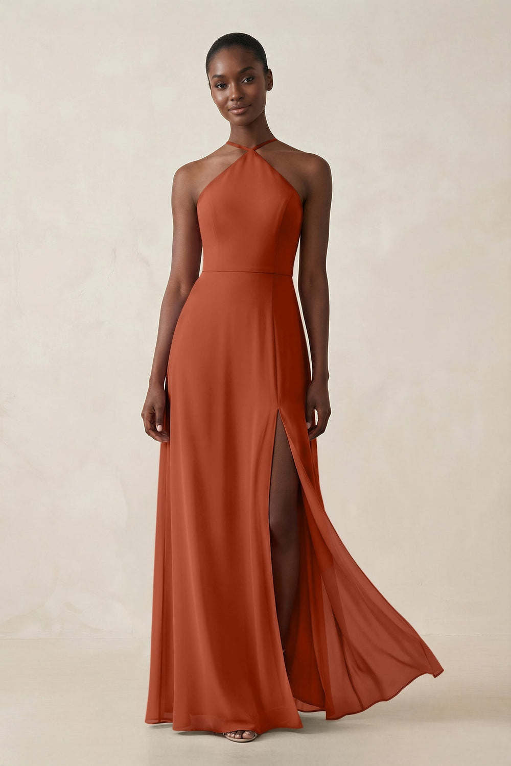 Sheath Halter Chiffon Bridesmaid Dress with Slit in Spice - KISS BRIDAL Bridesmaid Dresses