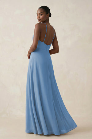 Sheath Halter Chiffon Bridesmaid Dress with Slit in Steel Blue (2) | KISSBRIDAL