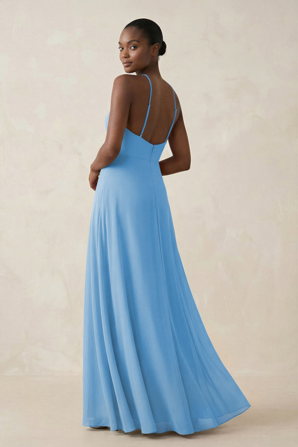 Sheath Halter Chiffon Bridesmaid Dress with Slit in Steel Blue - SHE IS ME Bridesmaid Dresses