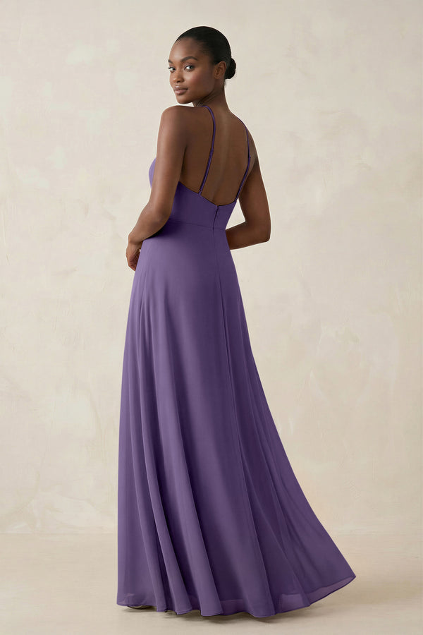 Sheath Halter Chiffon Bridesmaid Dress with Slit in Tahiti (2) | KISSBRIDAL