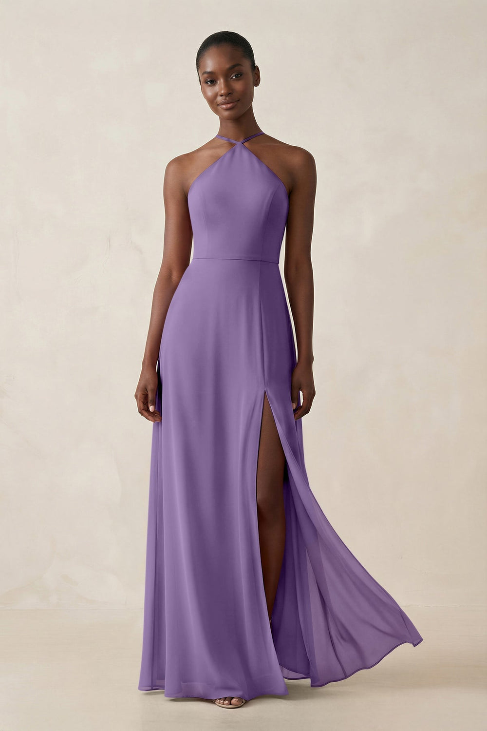 Sheath Halter Chiffon Bridesmaid Dress with Slit in Tahiti - KISS BRIDAL Bridesmaid Dresses