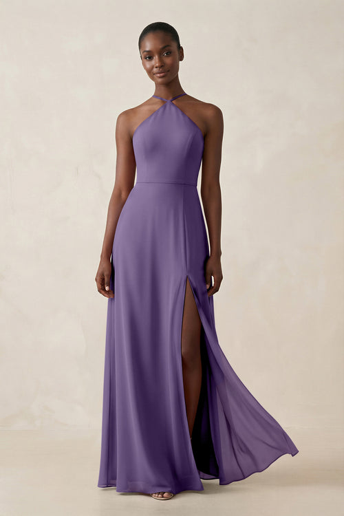 Sheath Halter Chiffon Bridesmaid Dress with Slit in Tahiti | KISSBRIDAL