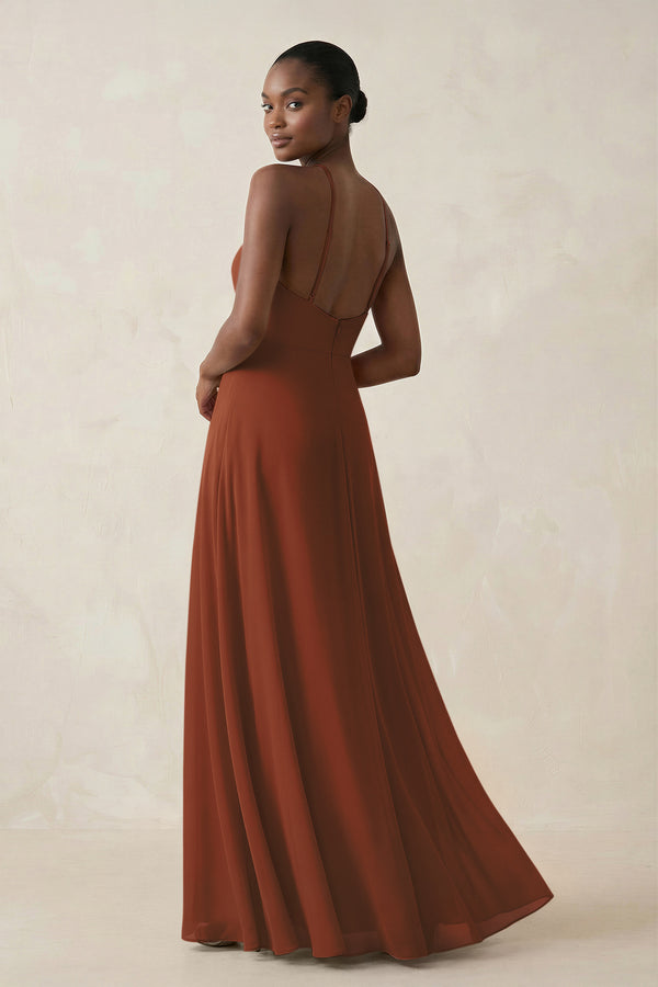 Sheath Halter Chiffon Bridesmaid Dress with Slit in Terracotta (2) | KISSBRIDAL