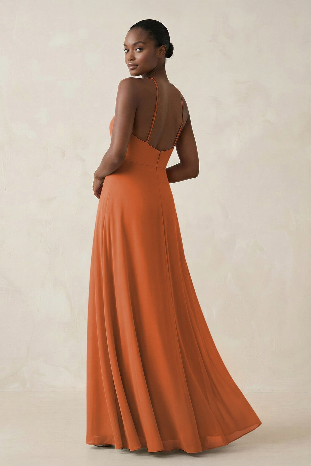 Sheath Halter Chiffon Bridesmaid Dress with Slit in Terracotta - KISS BRIDAL Bridesmaid Dresses