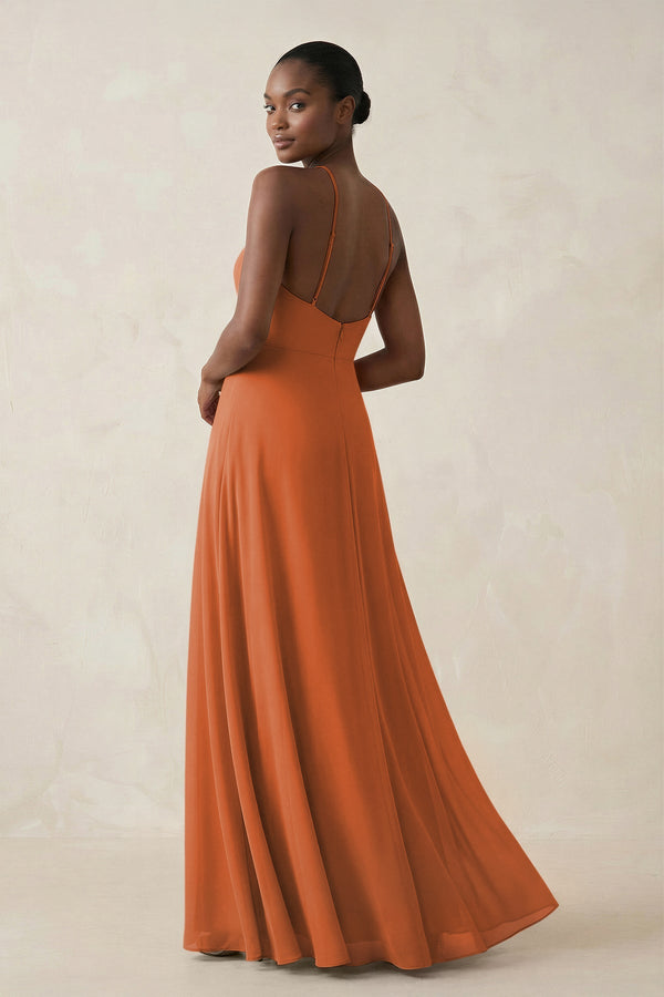 Sheath Halter Chiffon Bridesmaid Dress with Slit in Terracotta - SHE IS ME Bridesmaid Dresses