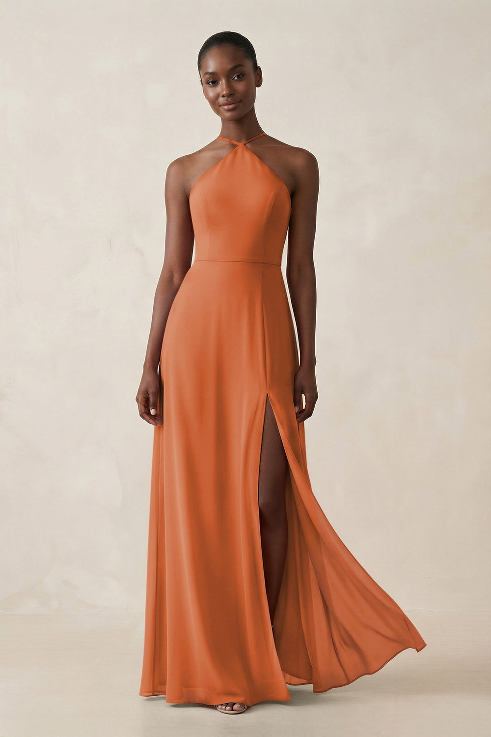Sheath Halter Chiffon Bridesmaid Dress with Slit in Terracotta - KISS BRIDAL Bridesmaid Dresses