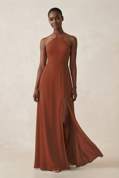 Sheath Halter Chiffon Bridesmaid Dress with Slit in Terracotta | KISSBRIDAL