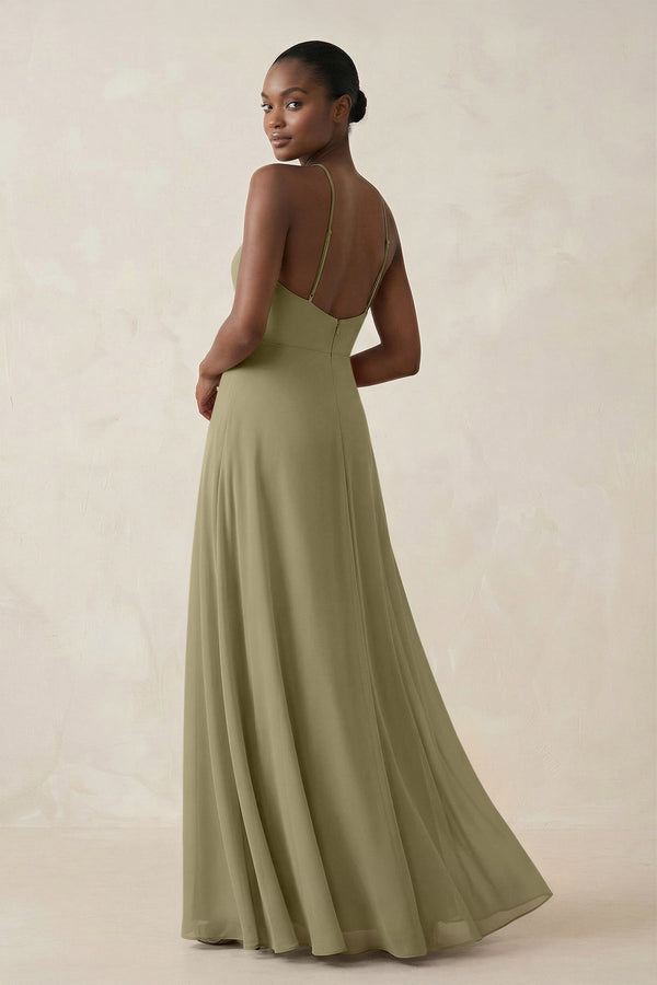 Sheath Halter Chiffon Bridesmaid Dress with Slit in Thyme - SHE IS ME Bridesmaid Dresses