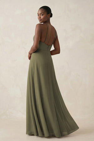 Sheath Halter Chiffon Bridesmaid Dress with Slit in Thyme (2) | KISSBRIDAL