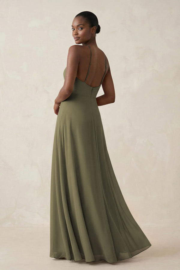 Sheath Halter Chiffon Bridesmaid Dress with Slit in Thyme (2) | KISSBRIDAL