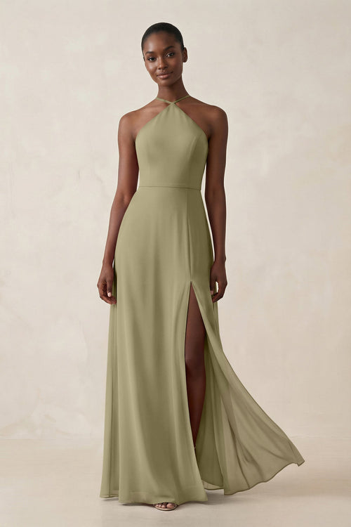 Sheath Halter Chiffon Bridesmaid Dress with Slit in Thyme - SHE IS ME Bridesmaid Dresses