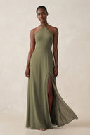 Sheath Halter Chiffon Bridesmaid Dress with Slit in Thyme | KISSBRIDAL