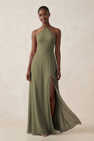 Sheath Halter Chiffon Bridesmaid Dress with Slit in Thyme | KISSBRIDAL