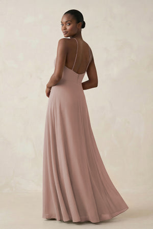 Sheath Halter Chiffon Bridesmaid Dress with Slit in Toffee (2) | KISSBRIDAL